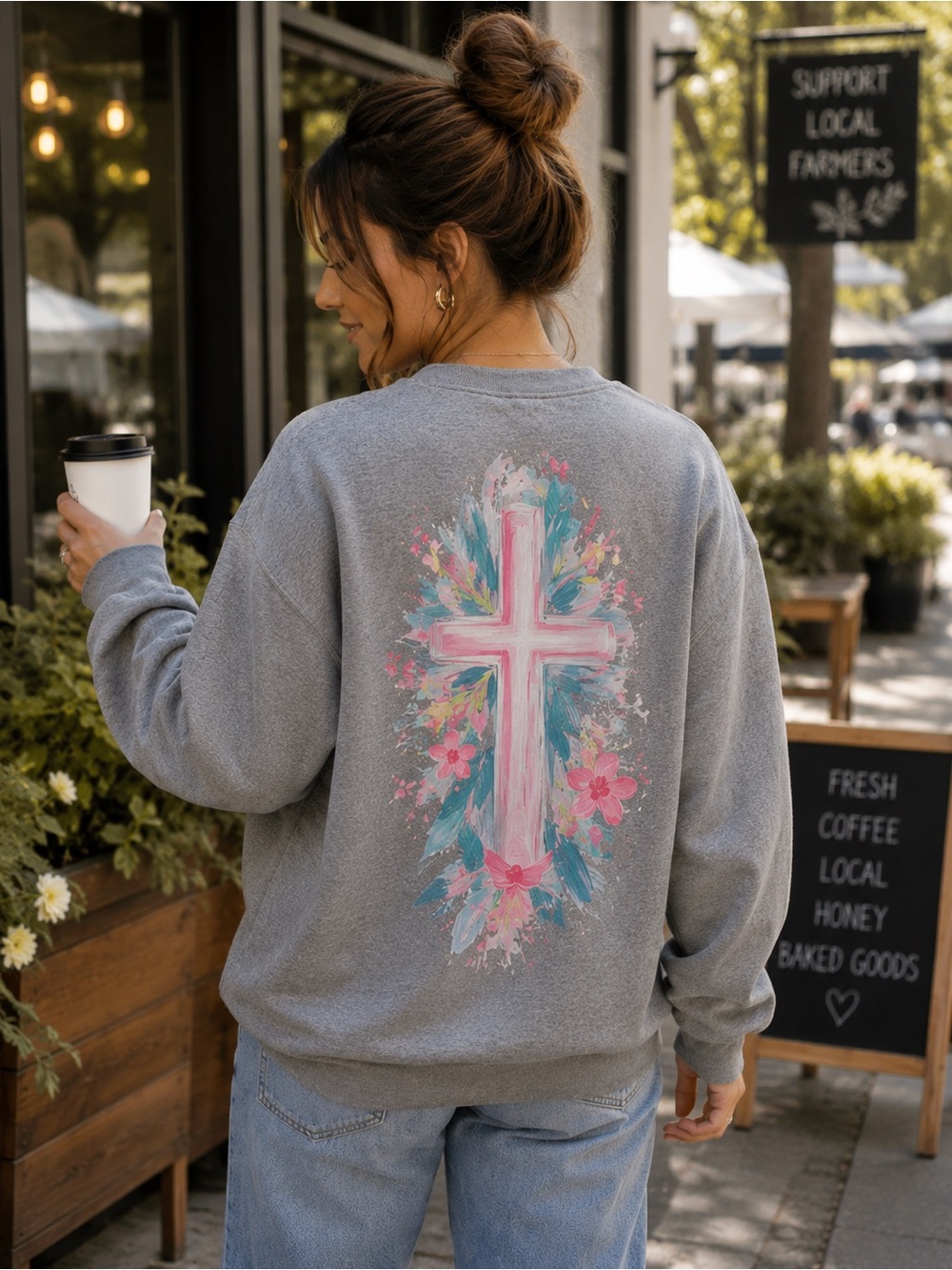 Cross Crewneck with Pink Floral Accents